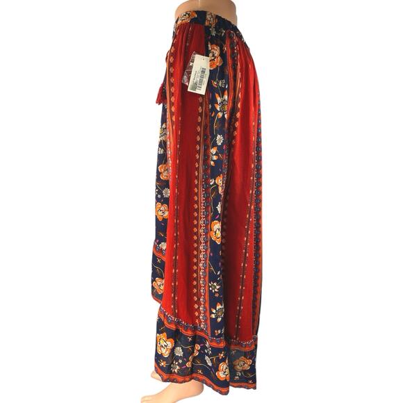 NEW Band Of Gypsies Red Floral Bohemian Hi-Low Ruffle Midi Maxi Skirt Size M - Picture 2 of 5